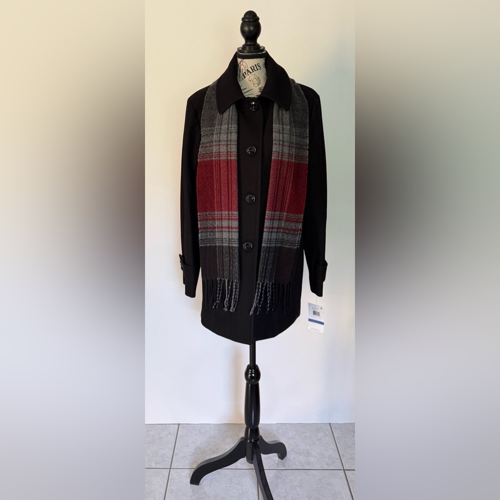 London Fog Women's Wool Blend Pea Coat with Scarf Black Size XL New with Tags